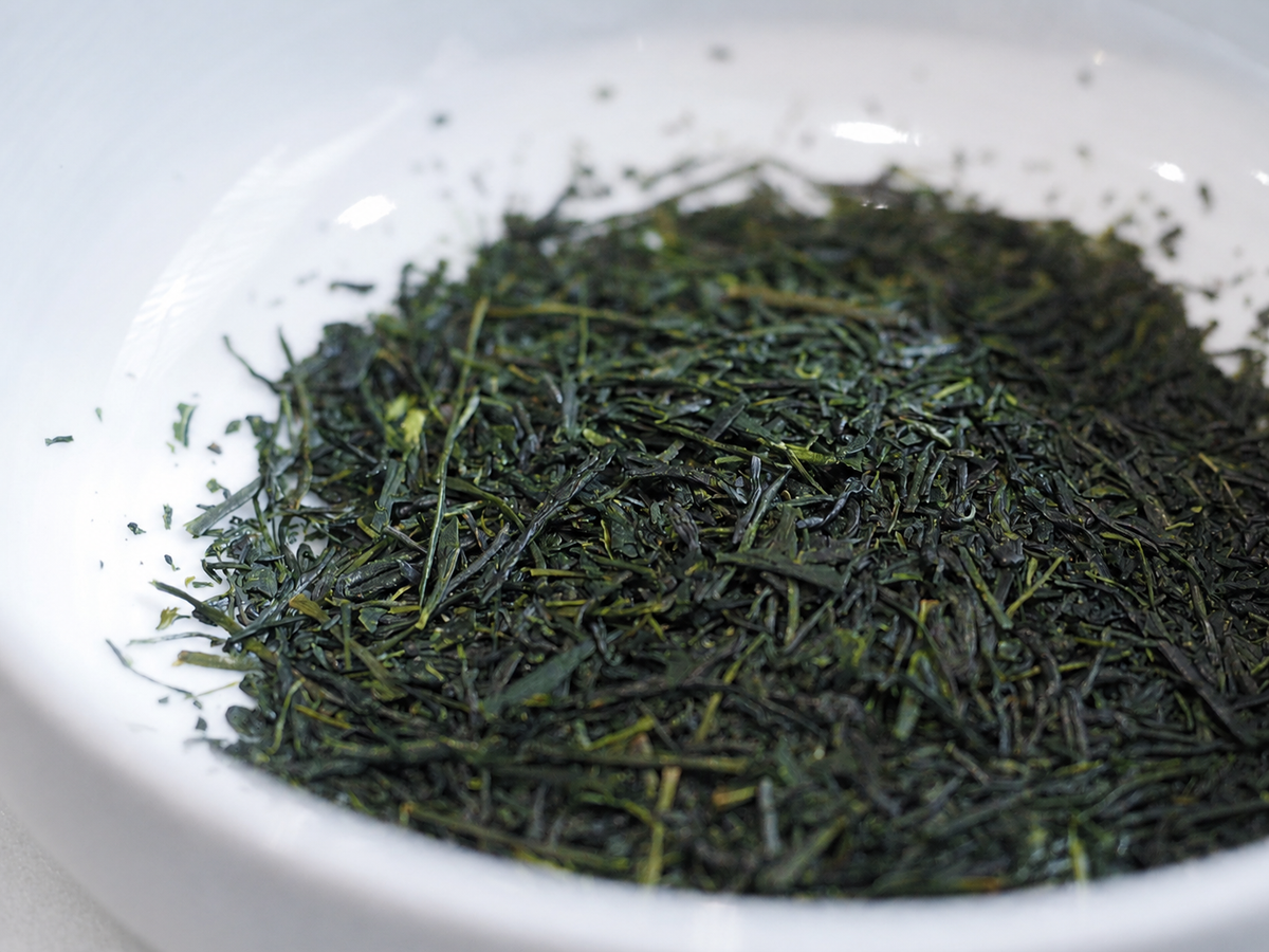 Close-up of Japanese green tea leaves
